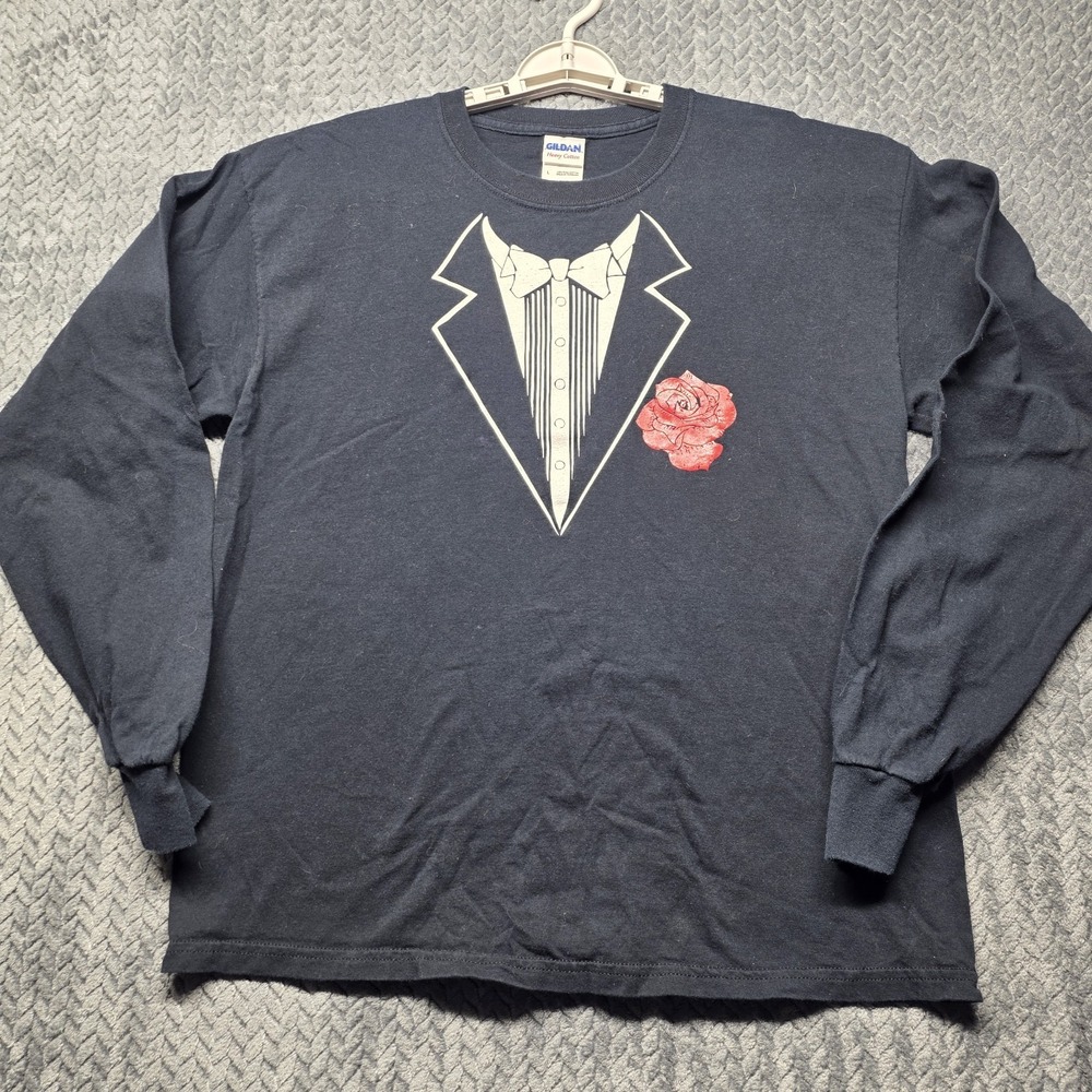 Tuxedo Graphic T-Shirt Men's L‎ Long Sleeve Black Gildan Heavy Cotton Red Rose